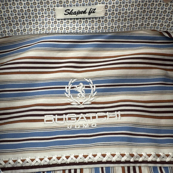 Bugatchi Shaped Fit Men’s Dress Shirt Striped With Accent Fabric InsideCuffs M - Picture 2 of 9